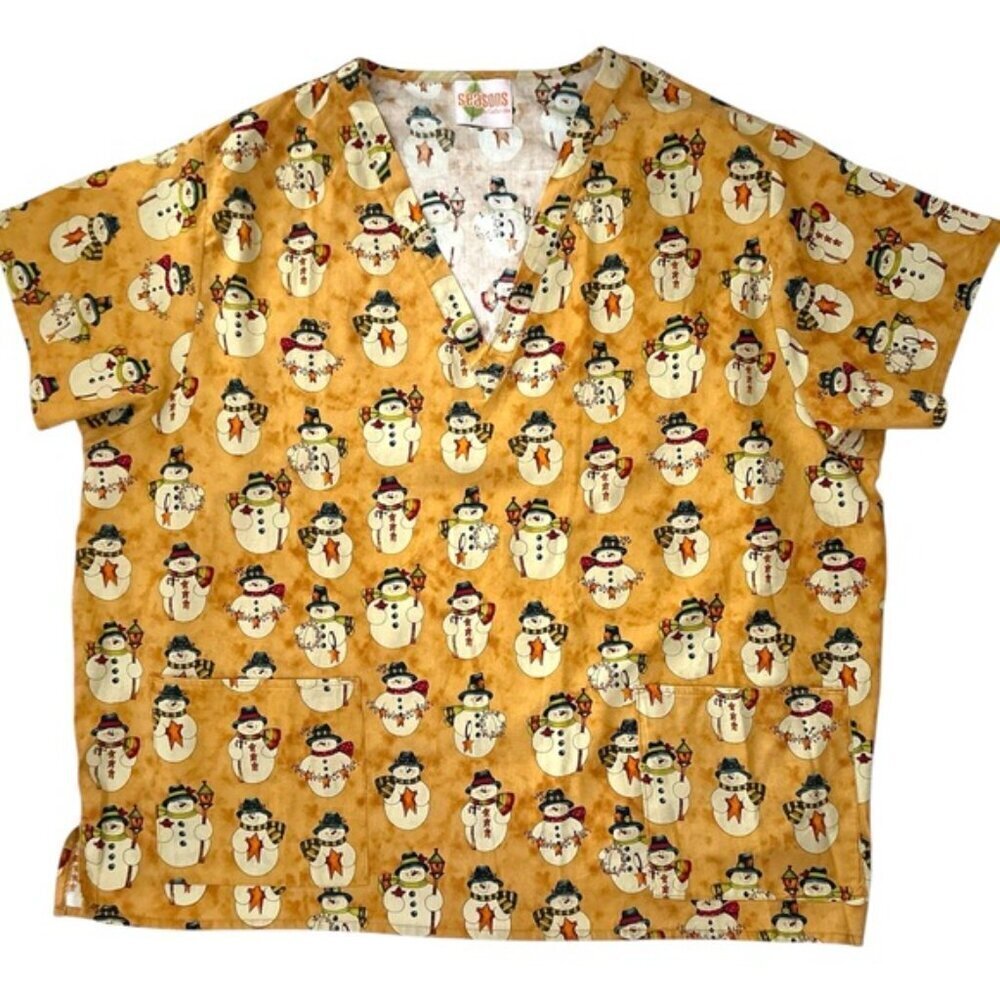 Seasons CelScrub Cotton Scrub Top V Neck Holiday Snowman Birdhouse Gold Spice XL - Picture 11 of 16